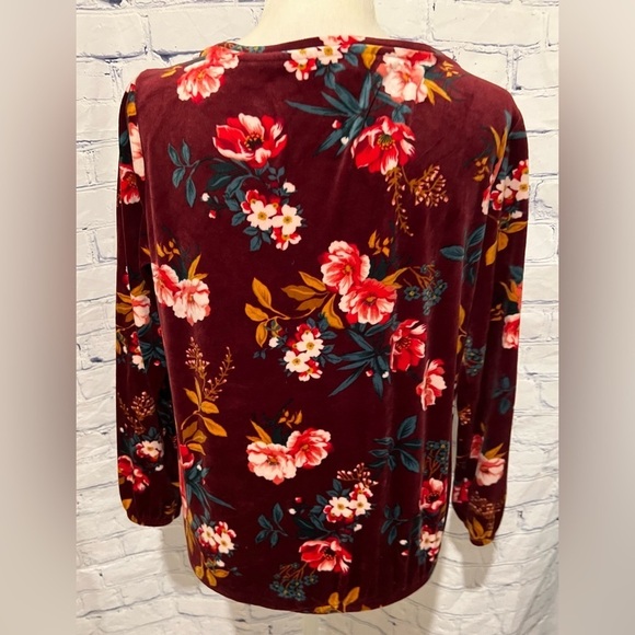 Loft Floral Velour Drawstring Hem Women's Burgundy Top Size Small - Picture 4 of 6